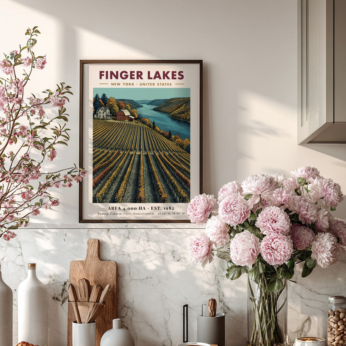 Poster of Finger Lakes vineyard in New York with rows of grapevines and farmhouse.