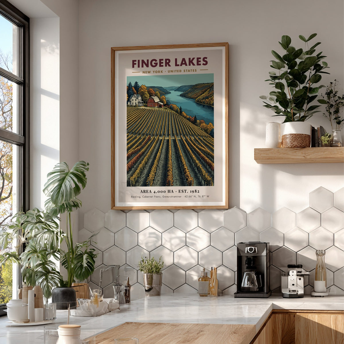 Poster of Finger Lakes vineyard in New York with rows of grapevines and farmhouse.