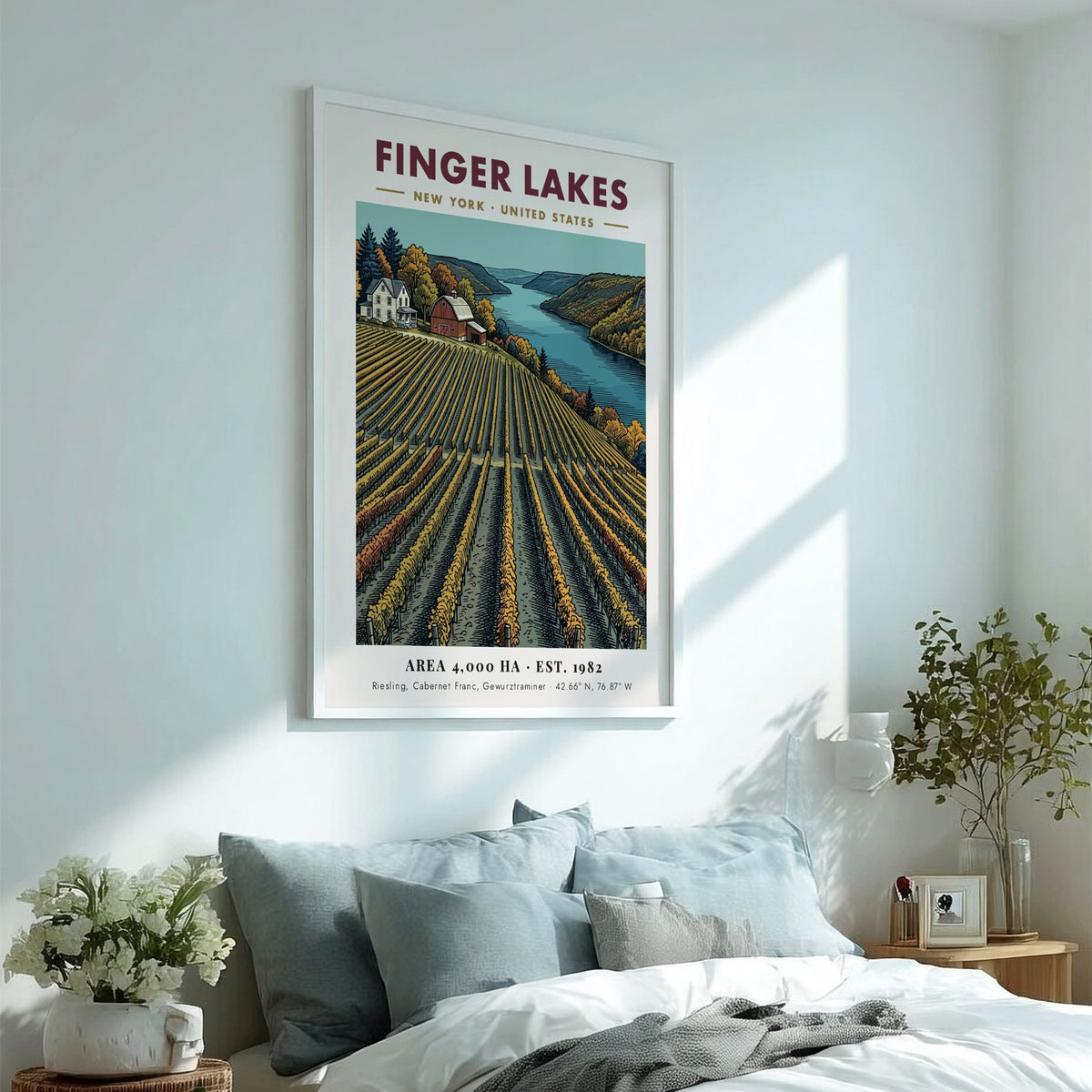 Poster of Finger Lakes vineyard in New York with rows of grapevines and farmhouse.