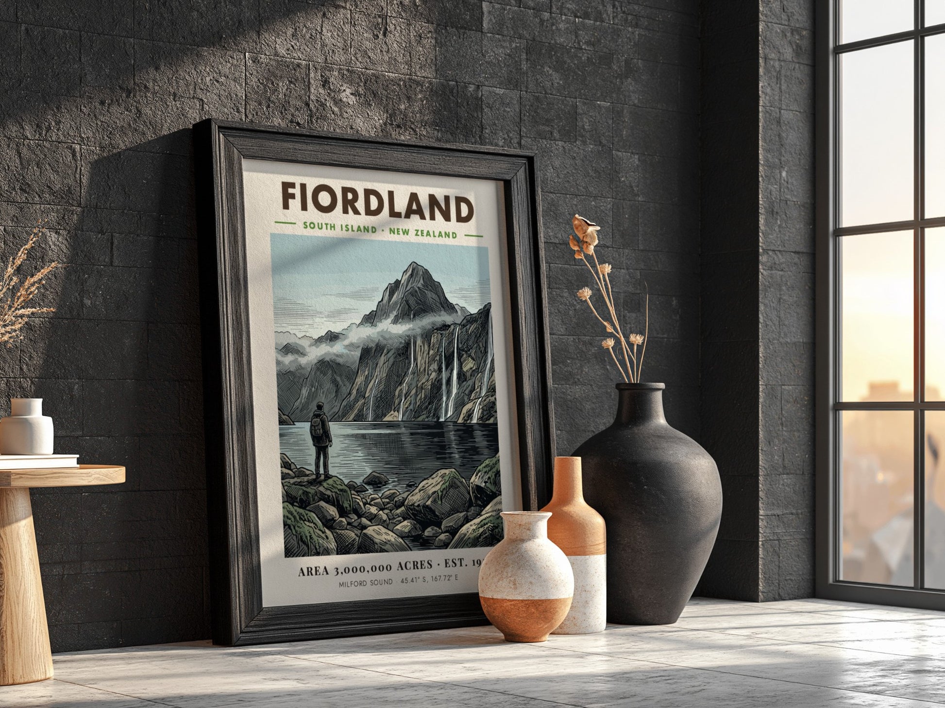 Poster of a hiker overlooking the dramatic peaks and waterfalls of Fiordland New Zealand.