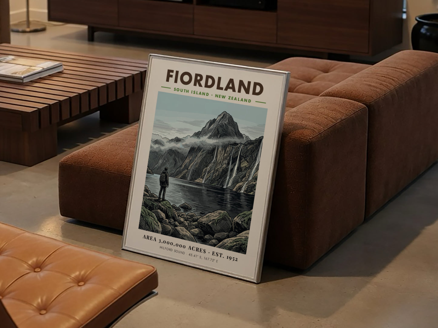 Poster of a hiker overlooking the dramatic peaks and waterfalls of Fiordland New Zealand.