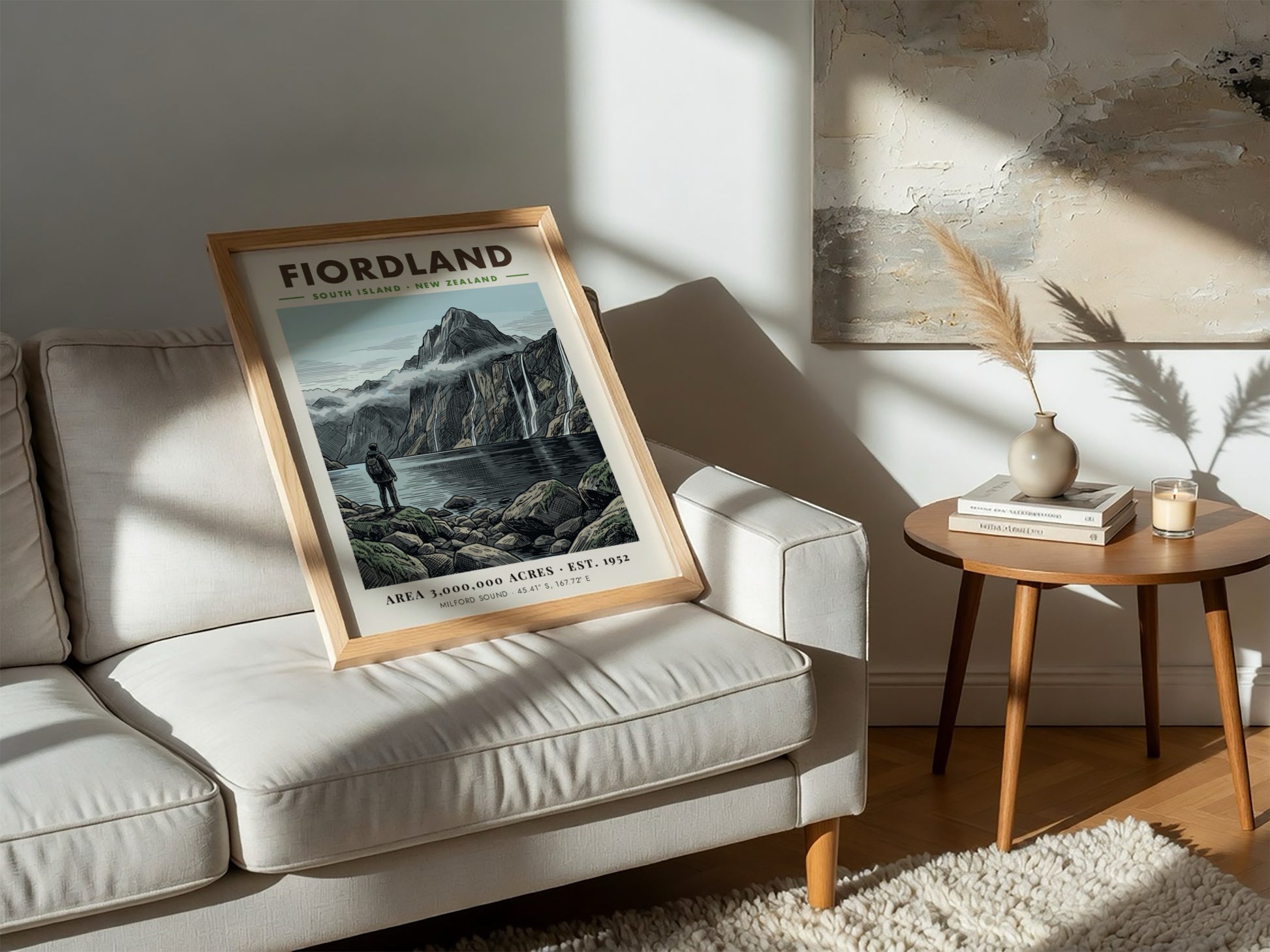 Poster of a hiker overlooking the dramatic peaks and waterfalls of Fiordland New Zealand.