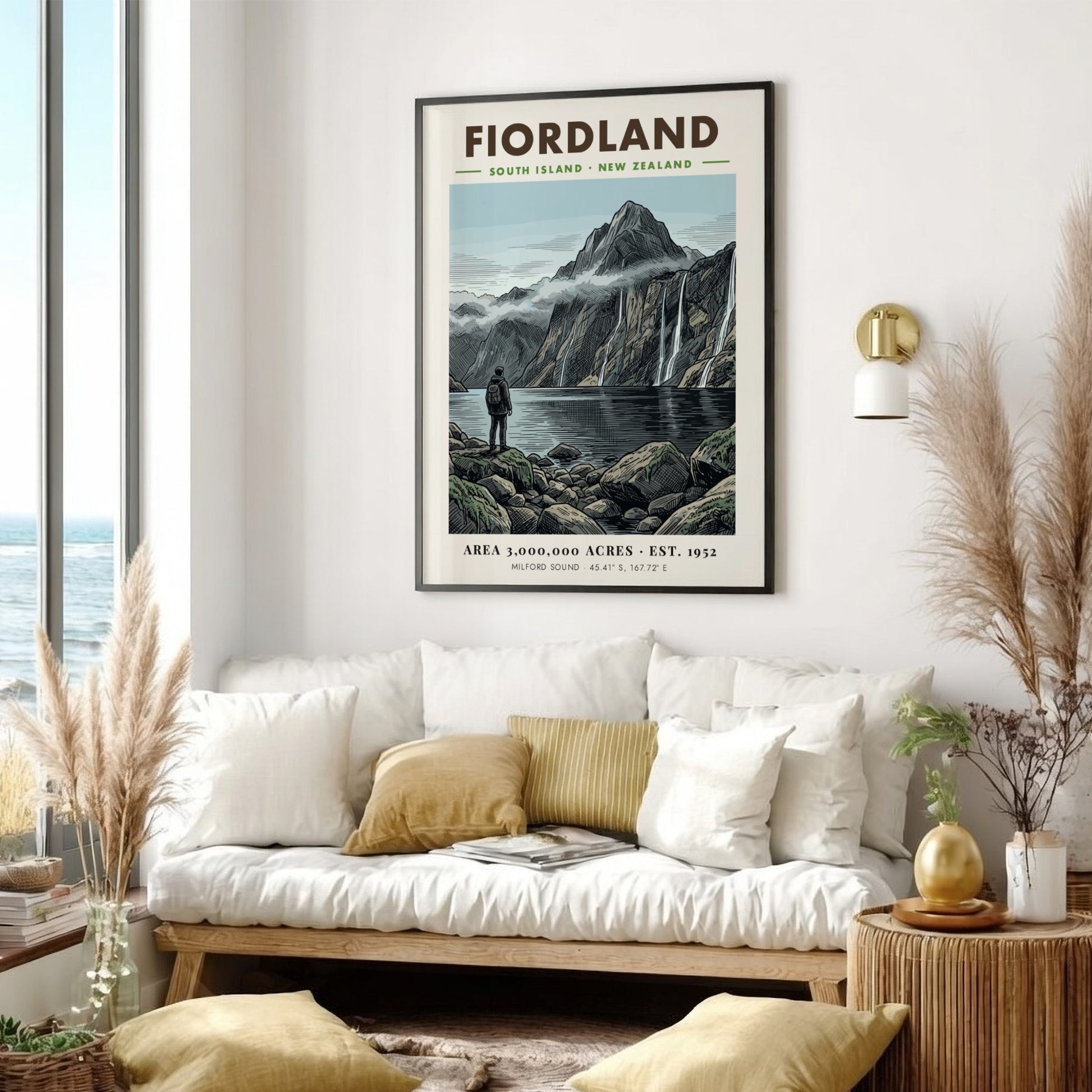 Poster of a hiker overlooking the dramatic peaks and waterfalls of Fiordland New Zealand.