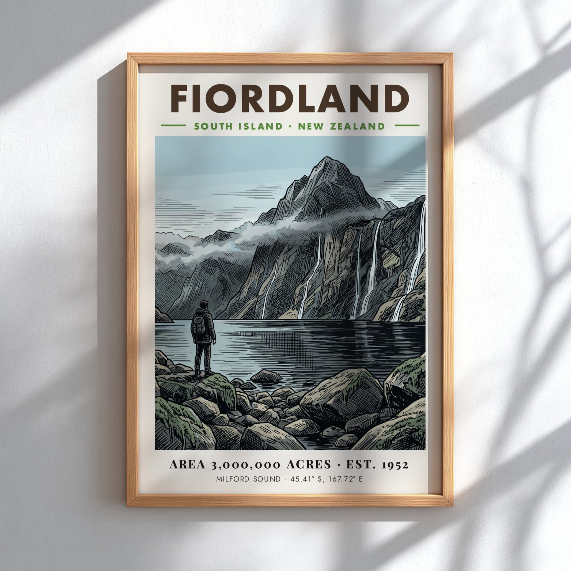 Poster of a hiker overlooking the dramatic peaks and waterfalls of Fiordland New Zealand.