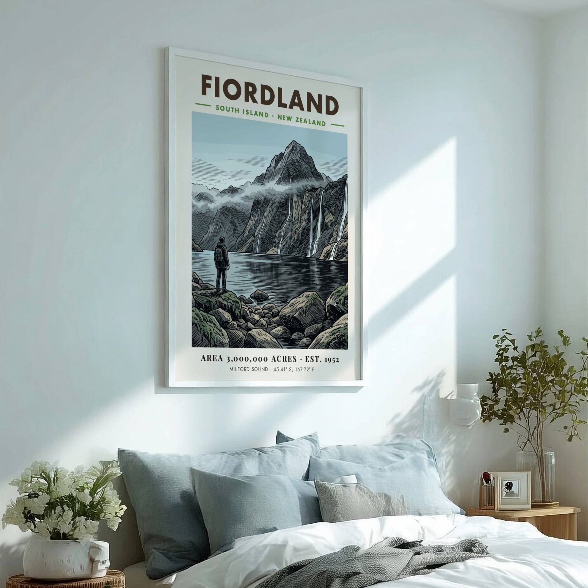 Poster of a hiker overlooking the dramatic peaks and waterfalls of Fiordland New Zealand.