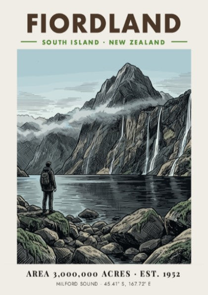 Poster of a hiker overlooking the dramatic peaks and waterfalls of Fiordland New Zealand.