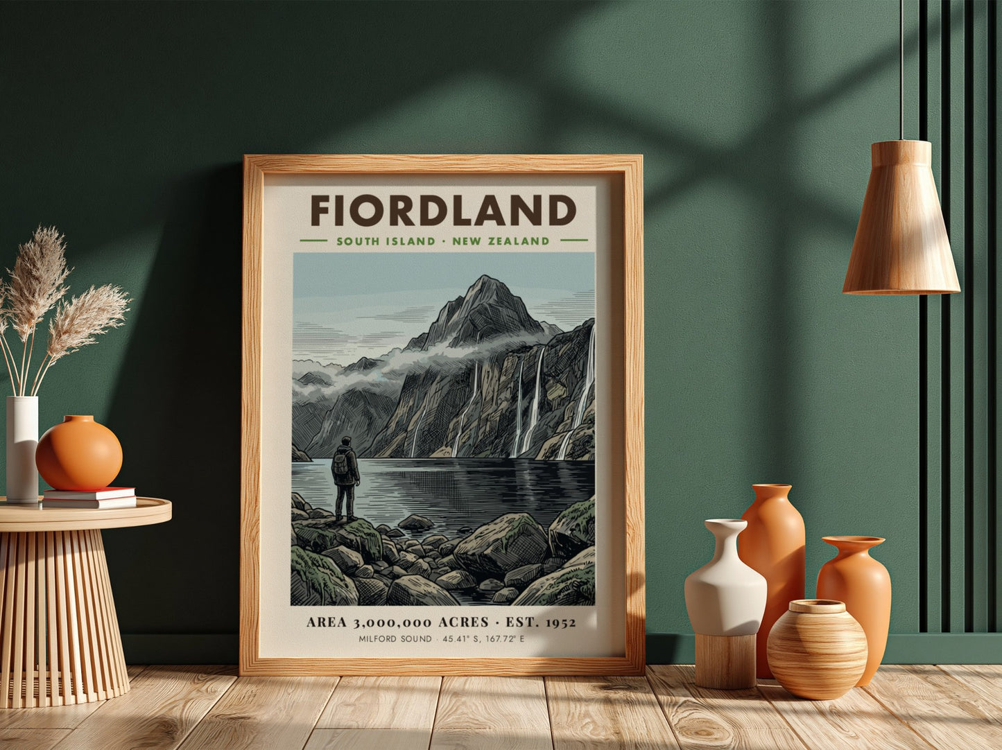 Poster of a hiker overlooking the dramatic peaks and waterfalls of Fiordland New Zealand.