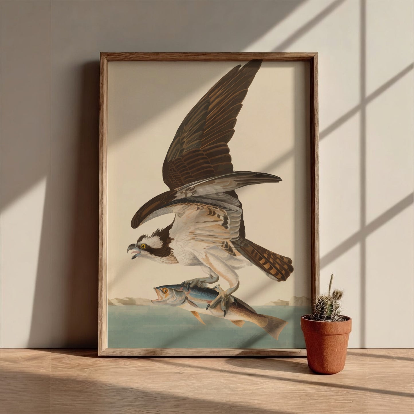 Osprey art poster featuring a bird in flight with a fish, vintage style, nature wall decor