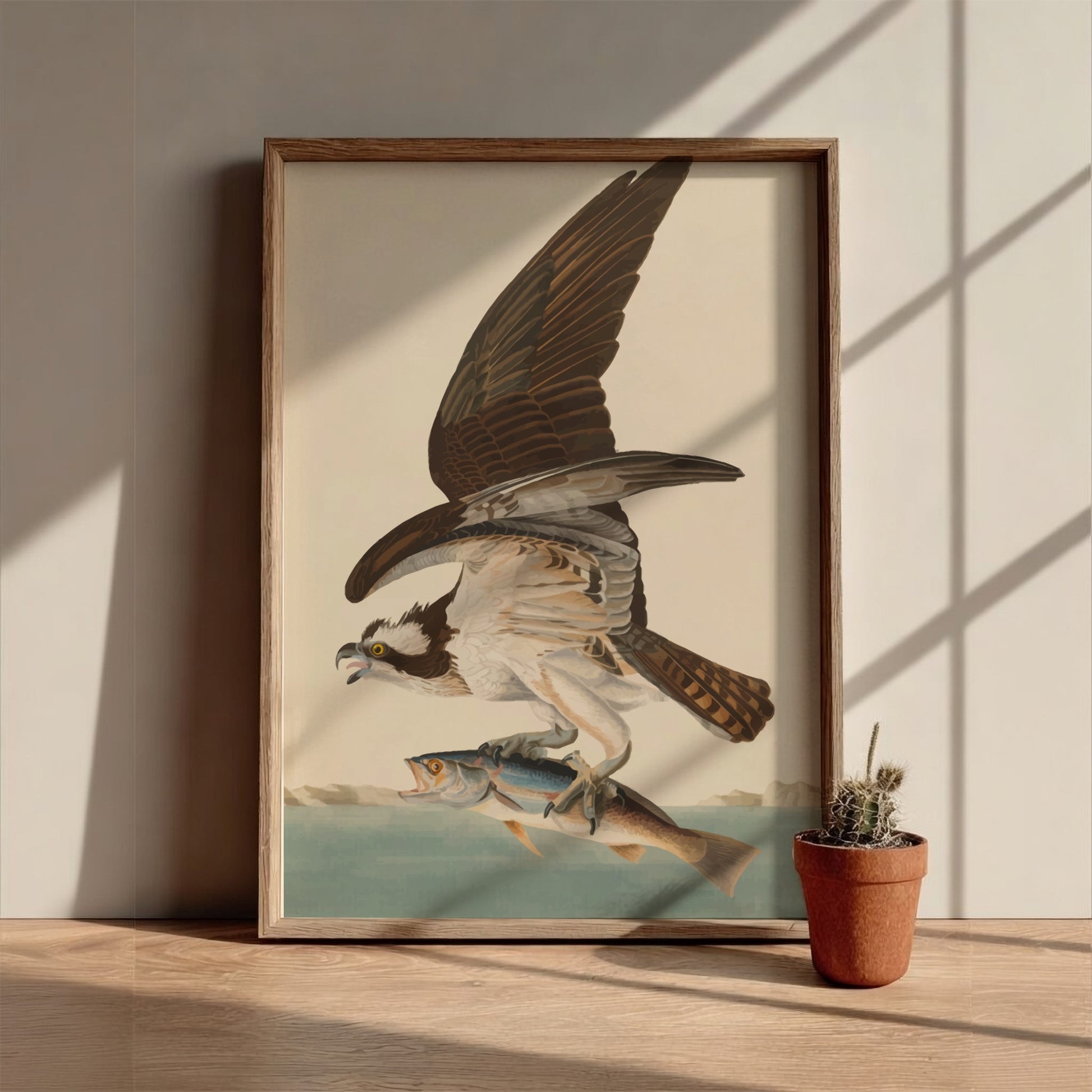 Osprey art poster featuring a bird in flight with a fish, vintage style, nature wall decor