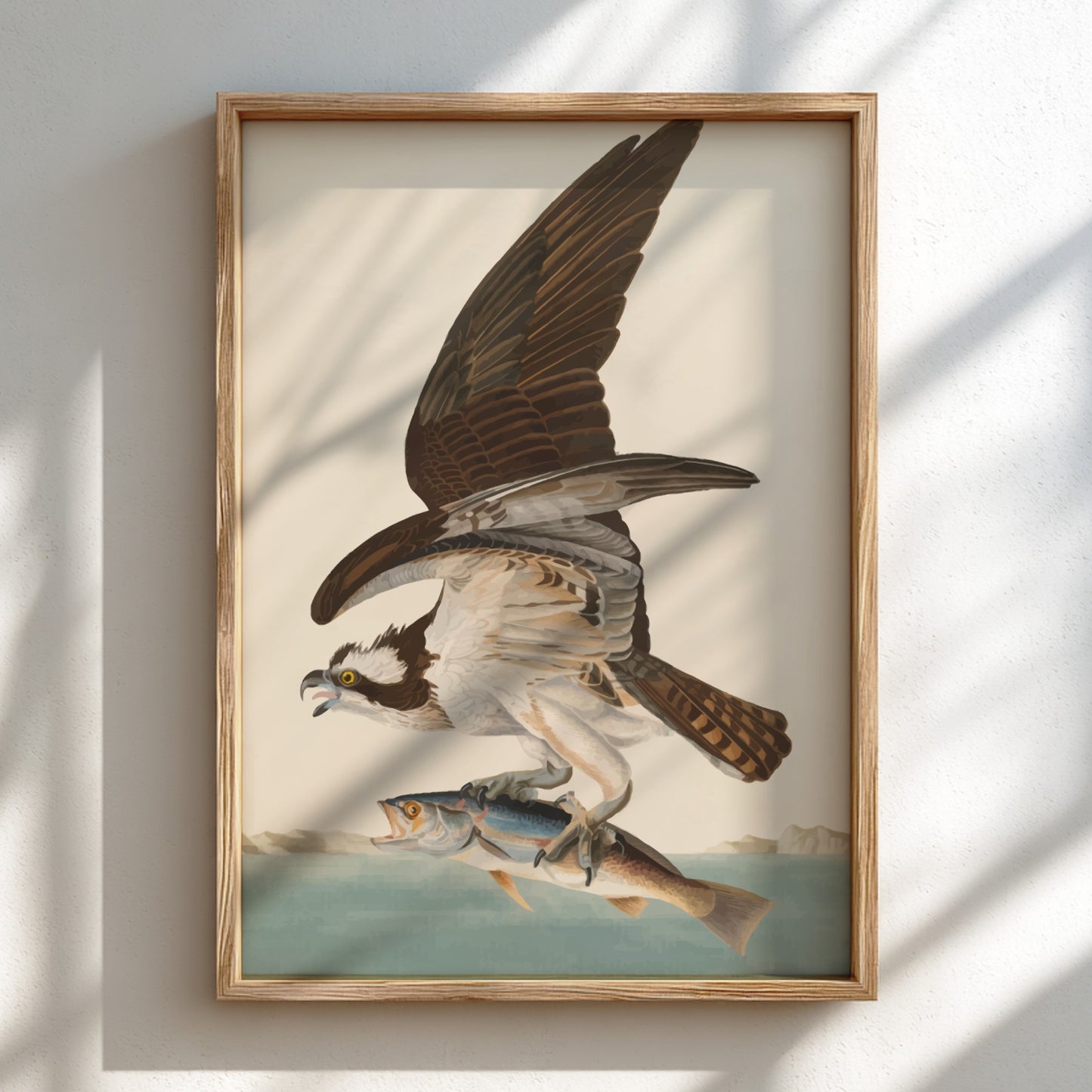 Osprey art poster featuring a bird in flight with a fish, vintage style, nature wall decor
