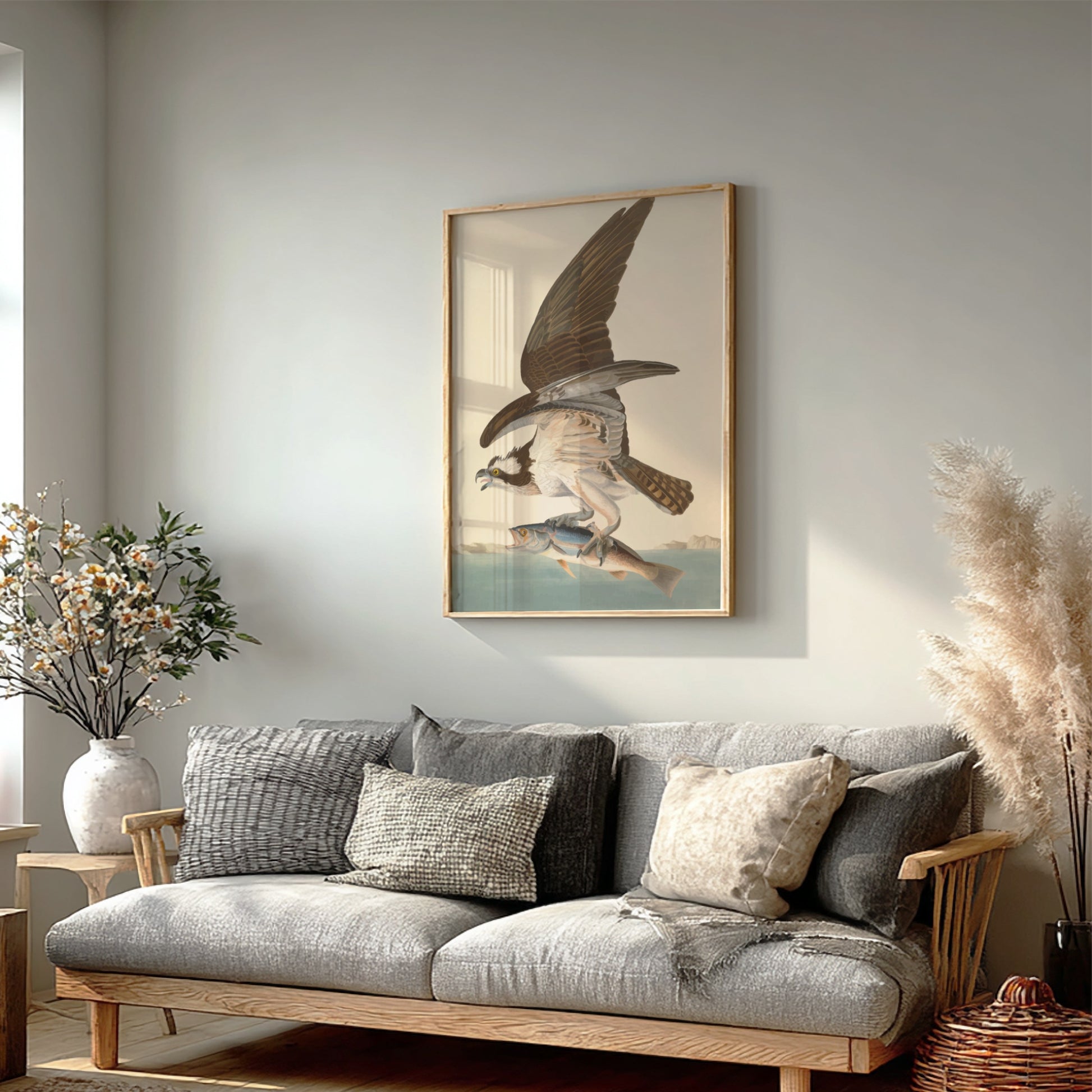 Osprey art poster featuring a bird in flight with a fish, vintage style, nature wall decor