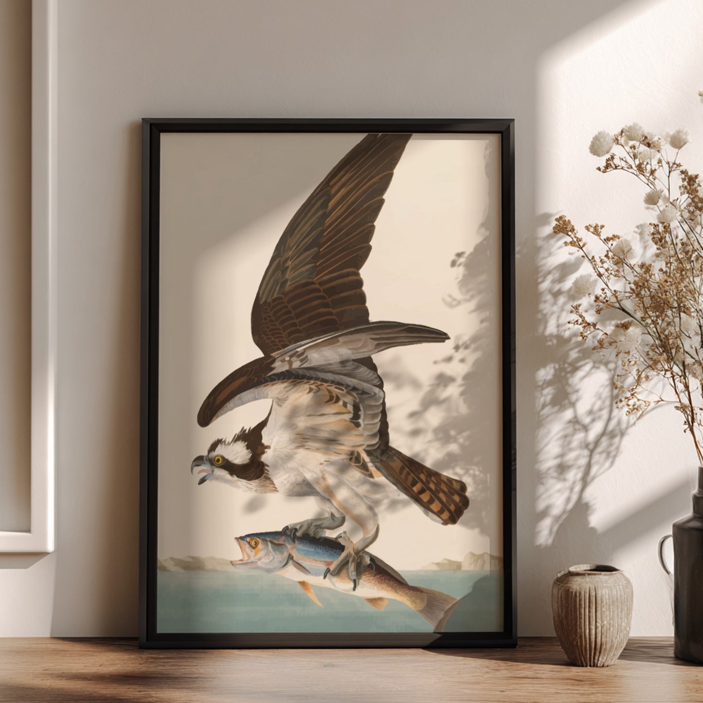 Osprey art poster featuring a bird in flight with a fish, vintage style, nature wall decor