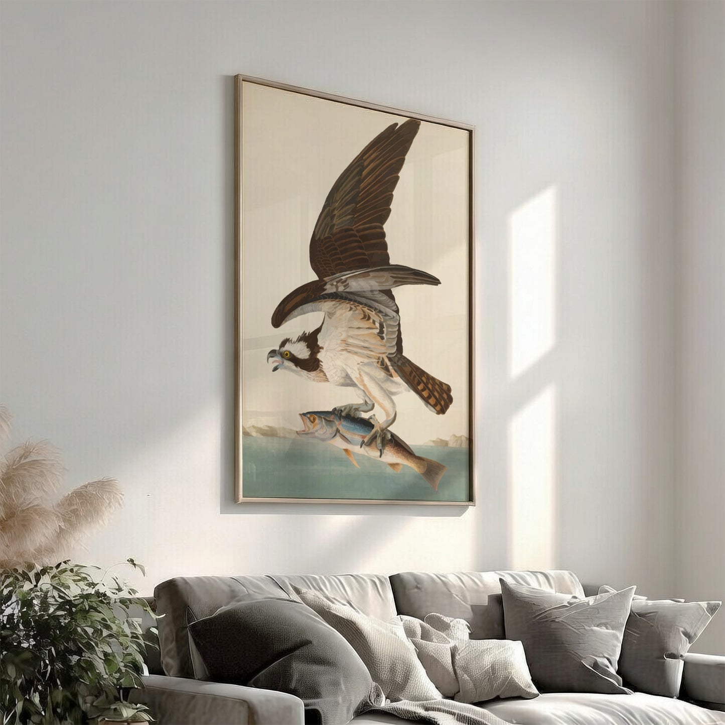 Osprey art poster featuring a bird in flight with a fish, vintage style, nature wall decor