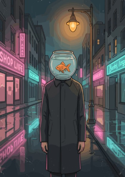 Poster featuring a surreal figure with a fishbowl head in a rainy neon city.