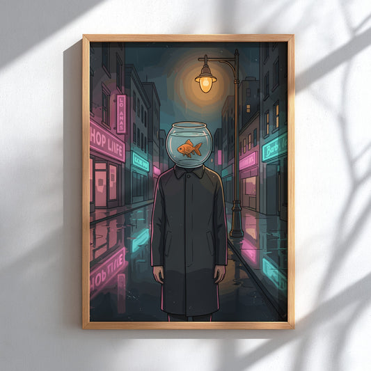 Poster featuring a surreal figure with a fishbowl head in a rainy neon city.