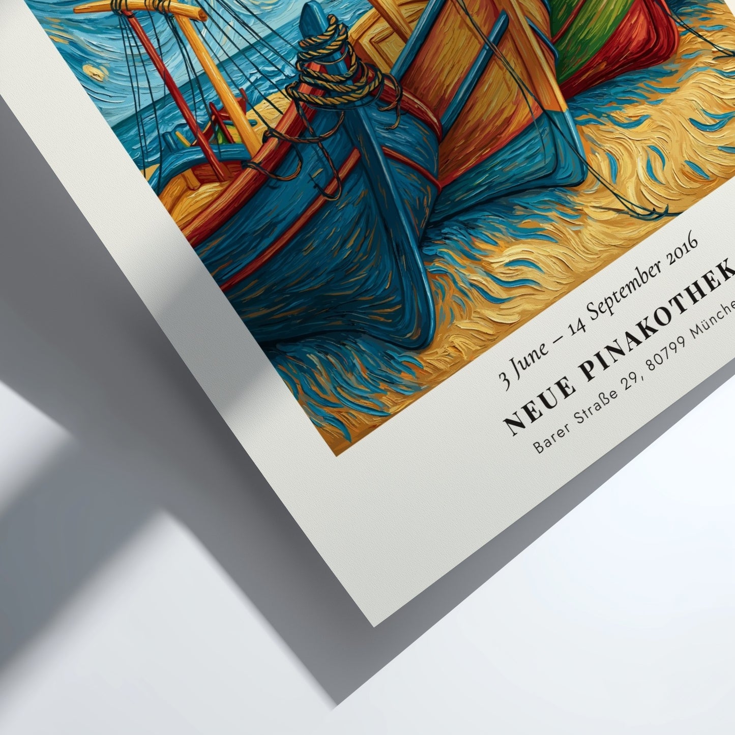 Fishing boats poster featuring vibrant colors and swirling skies inspired by Van Gogh's style