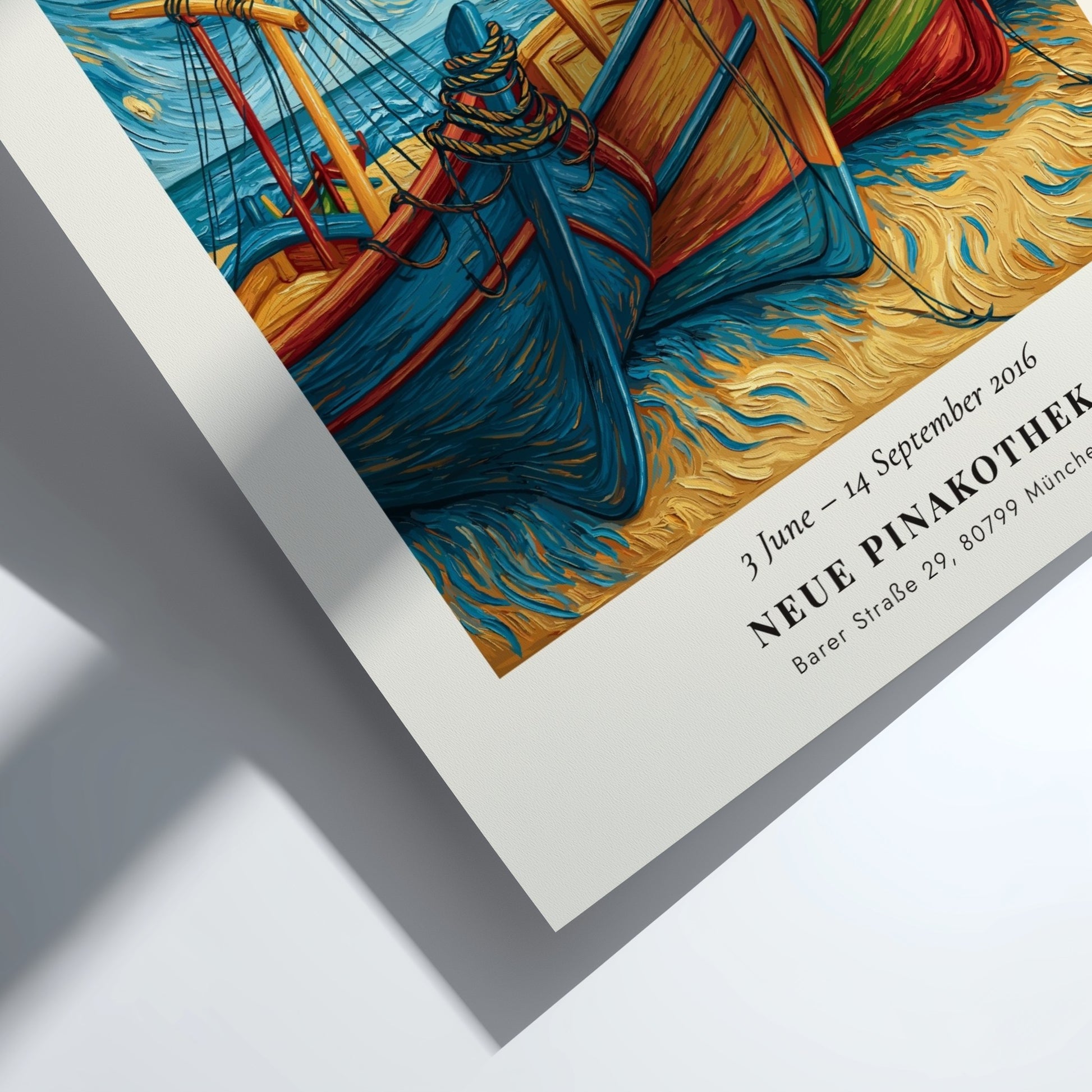 Fishing boats poster featuring vibrant colors and swirling skies inspired by Van Gogh's style