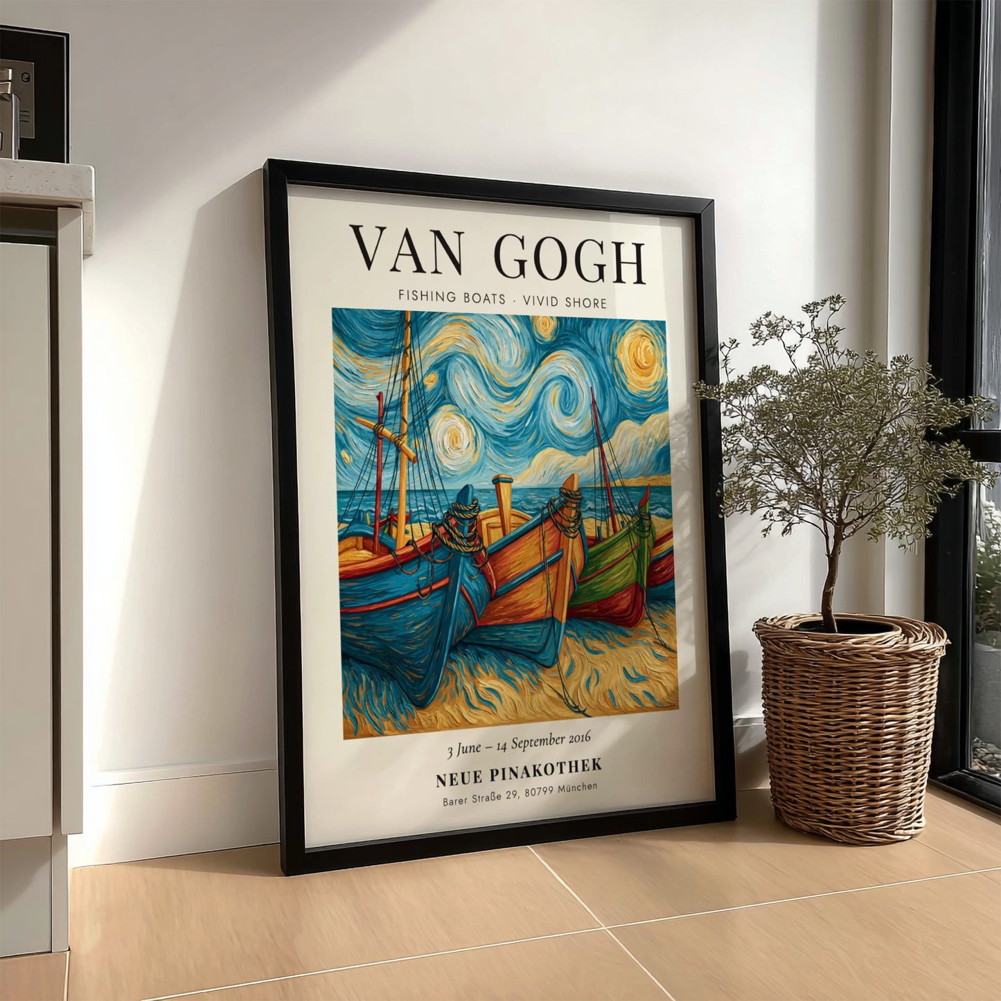 Fishing boats poster featuring vibrant colors and swirling skies inspired by Van Gogh's style