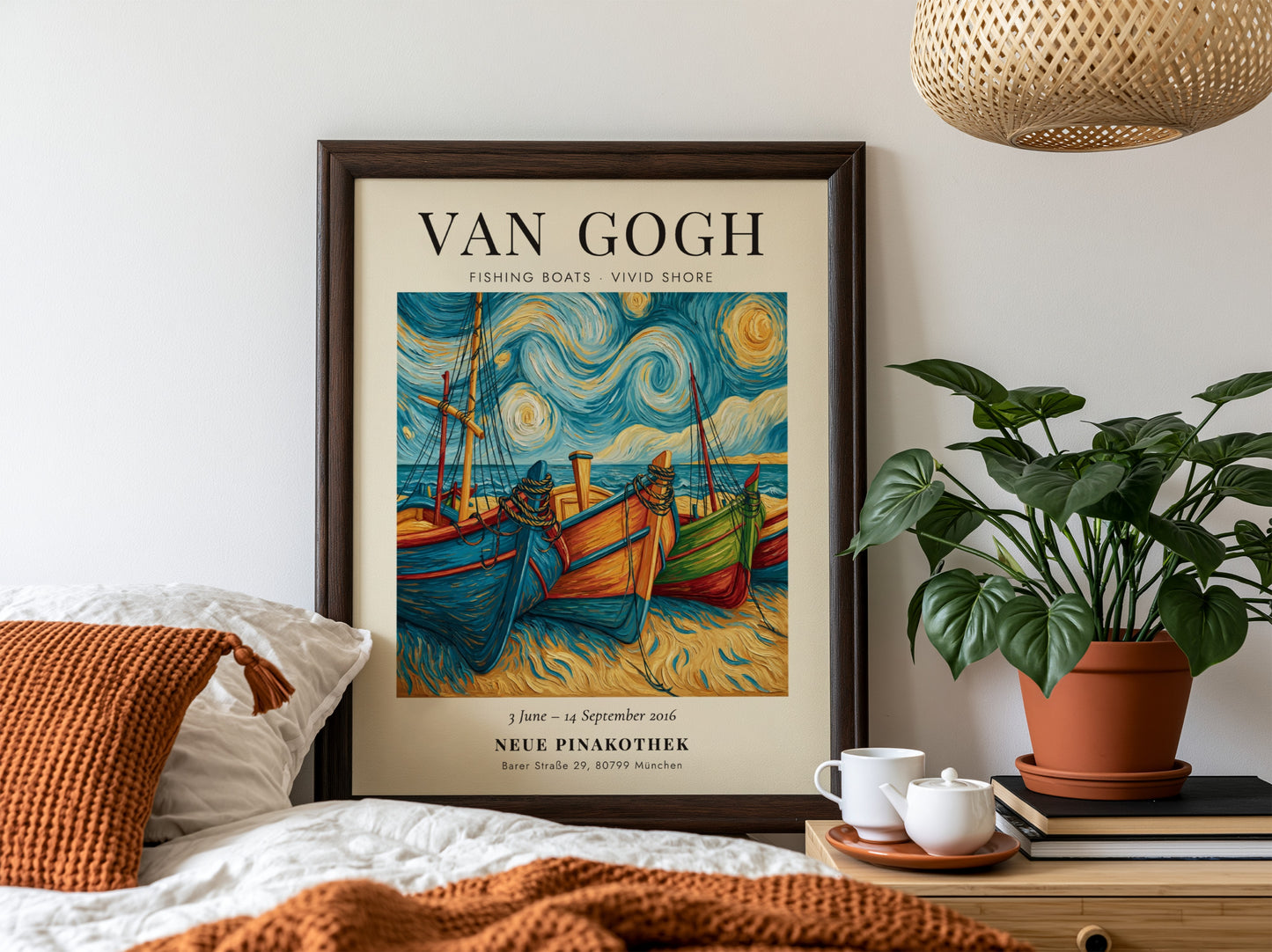 Fishing boats poster featuring vibrant colors and swirling skies inspired by Van Gogh's style