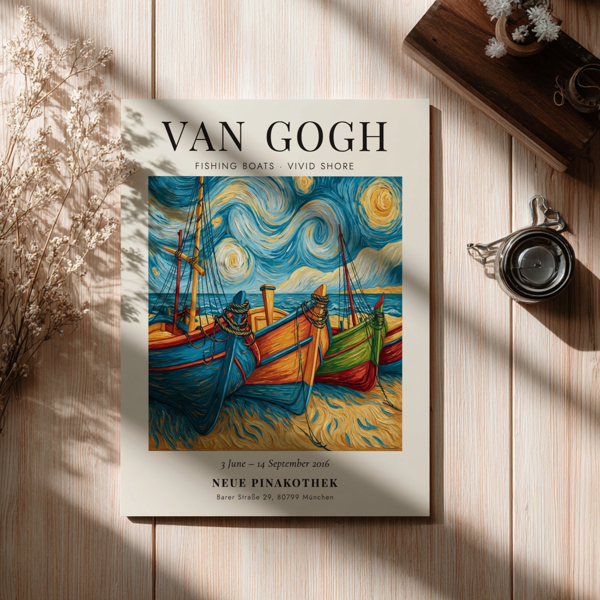 Fishing boats poster featuring vibrant colors and swirling skies inspired by Van Gogh's style