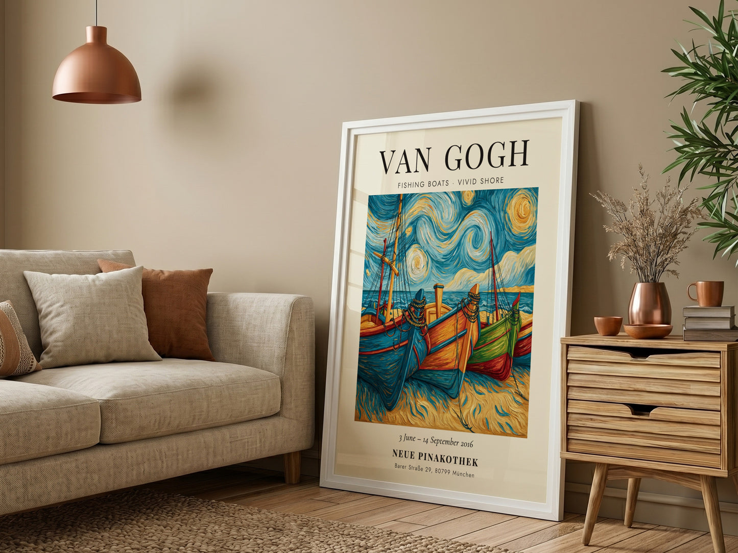 Fishing boats poster featuring vibrant colors and swirling skies inspired by Van Gogh's style