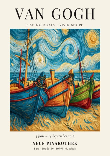 Fishing boats poster featuring vibrant colors and swirling skies inspired by Van Gogh's style