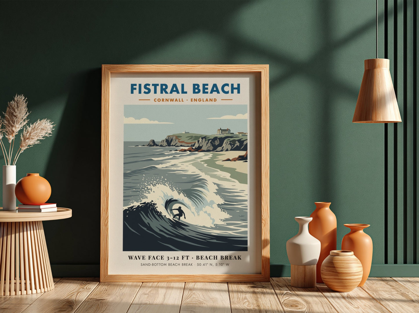 Fistral Beach surf poster with a lone surfer on a wave and cliffs