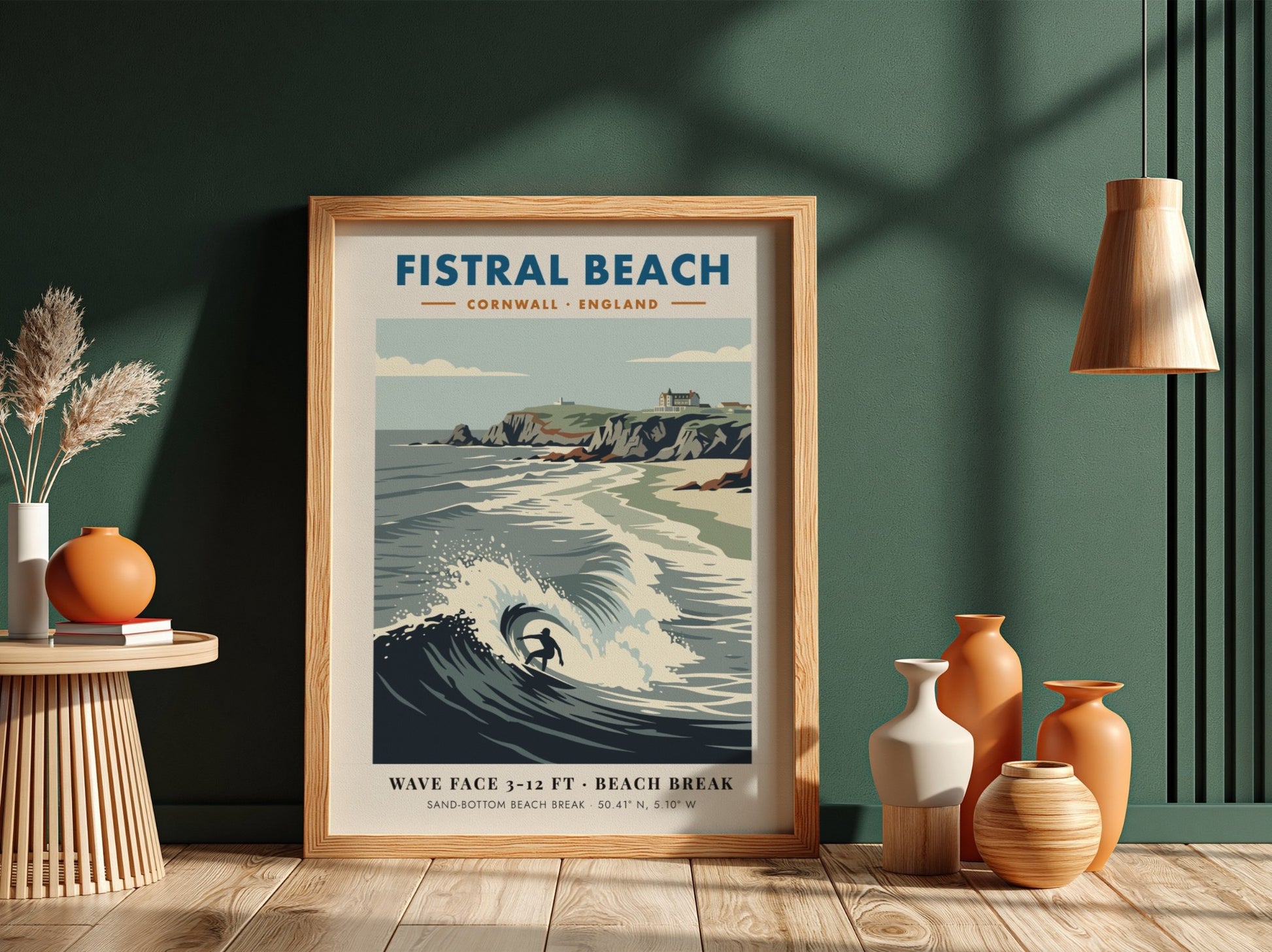 Fistral Beach surf poster with a lone surfer on a wave and cliffs