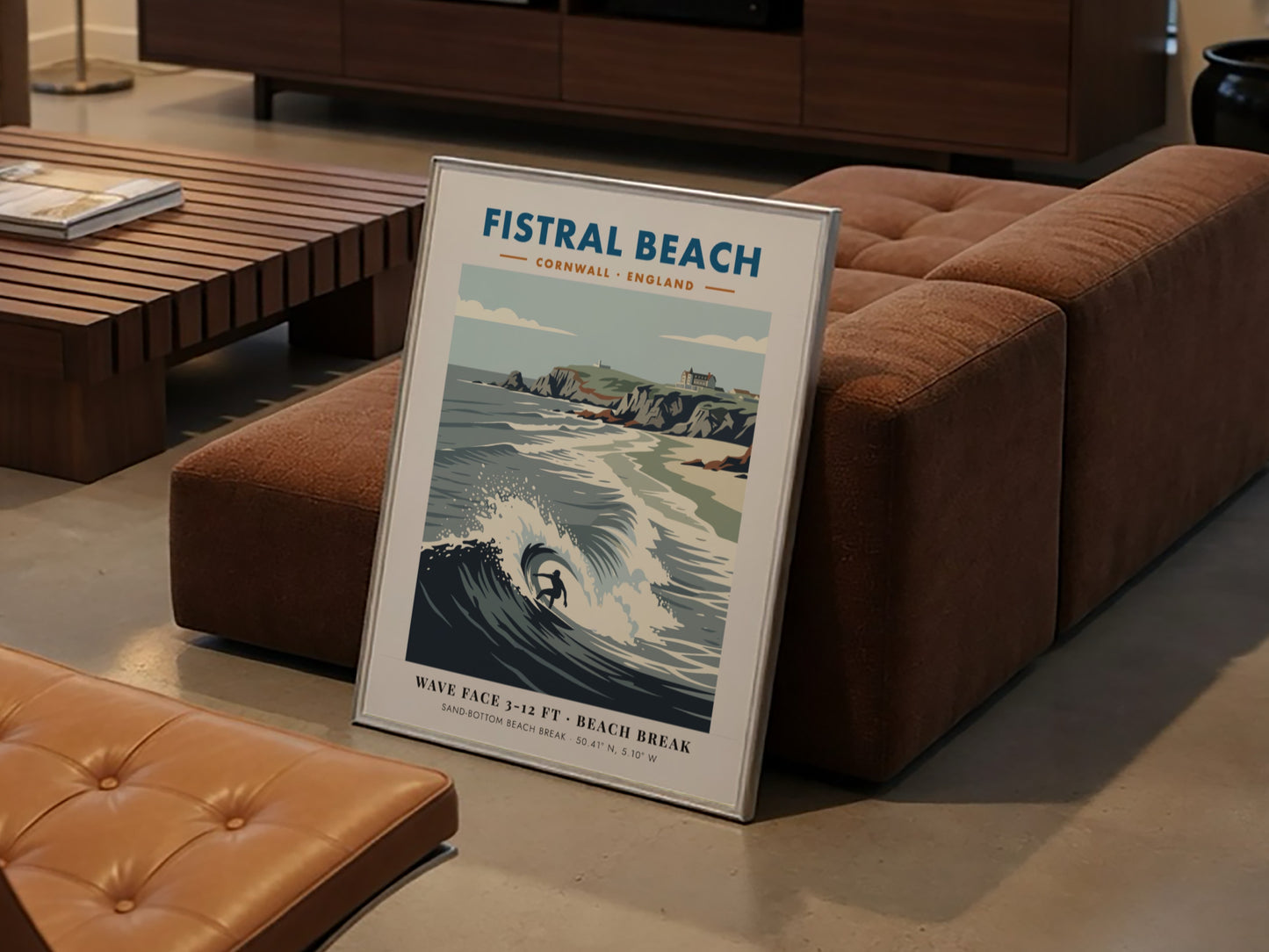 Fistral Beach surf poster with a lone surfer on a wave and cliffs