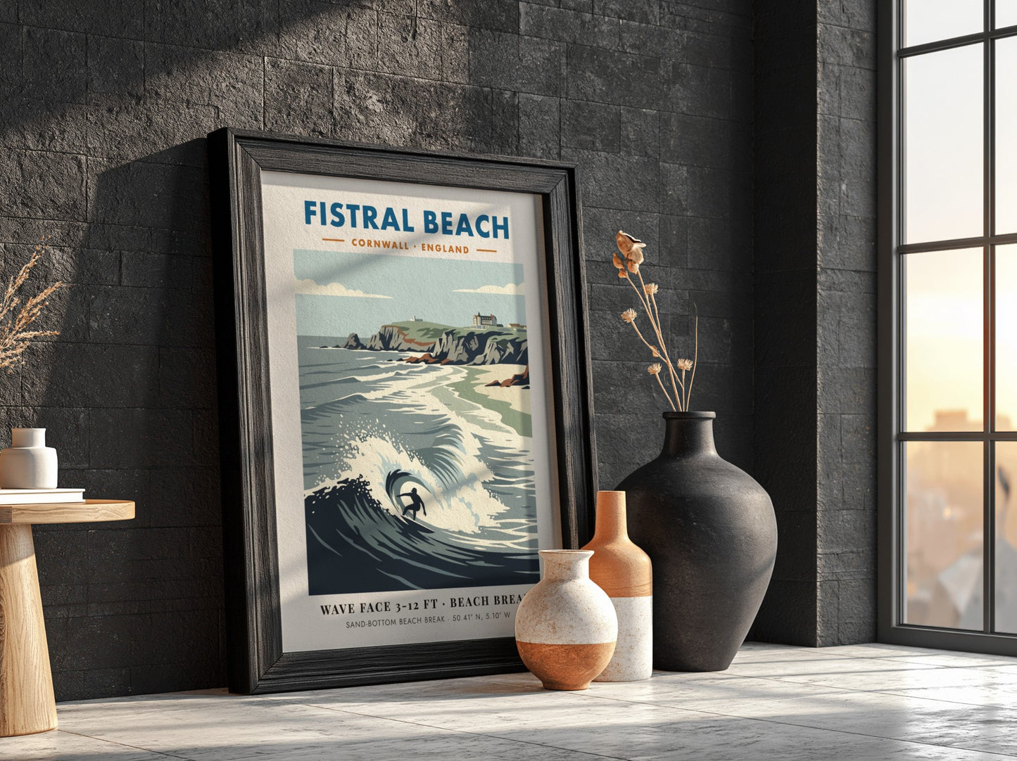 Fistral Beach surf poster with a lone surfer on a wave and cliffs
