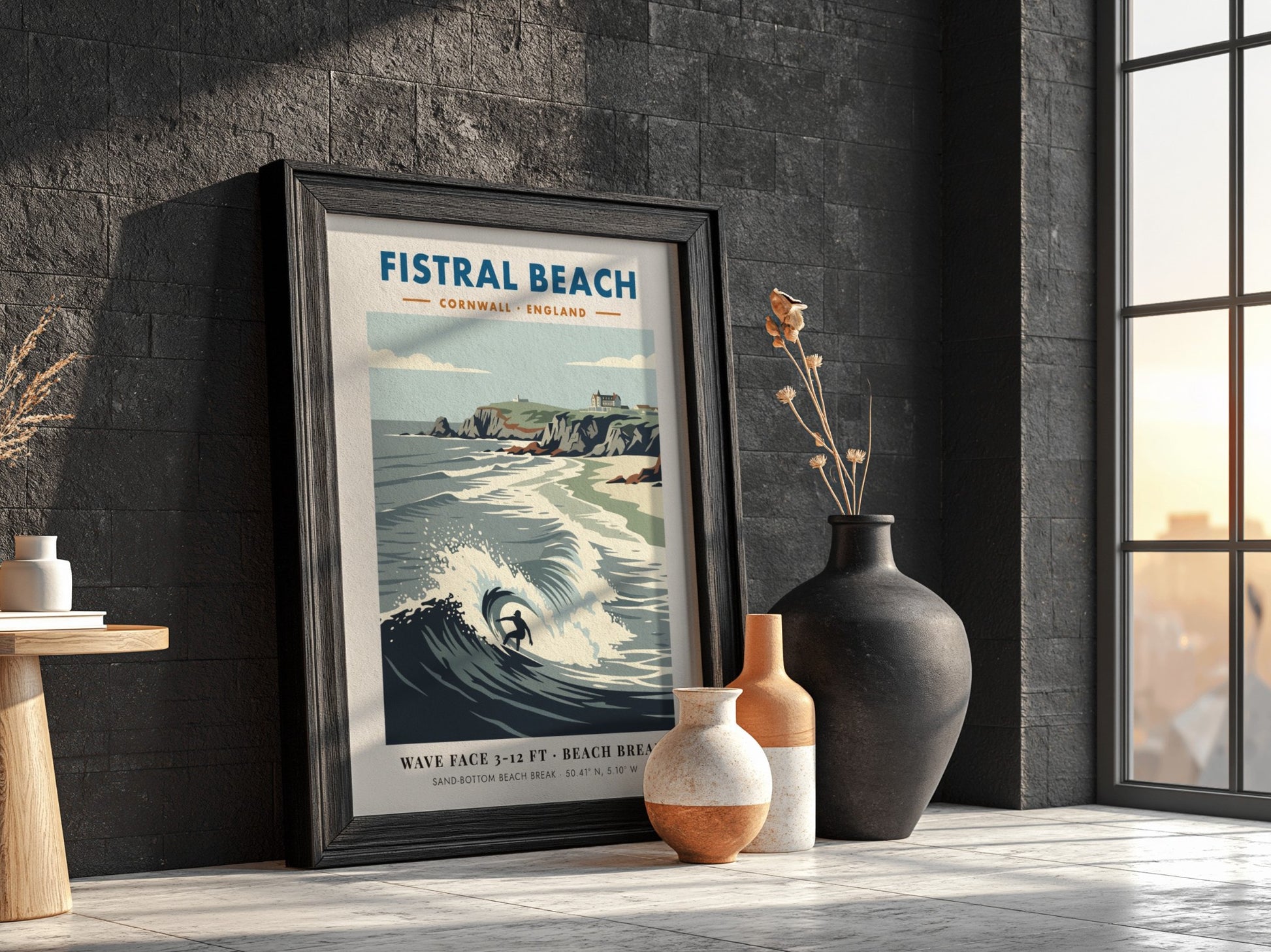Fistral Beach surf poster with a lone surfer on a wave and cliffs