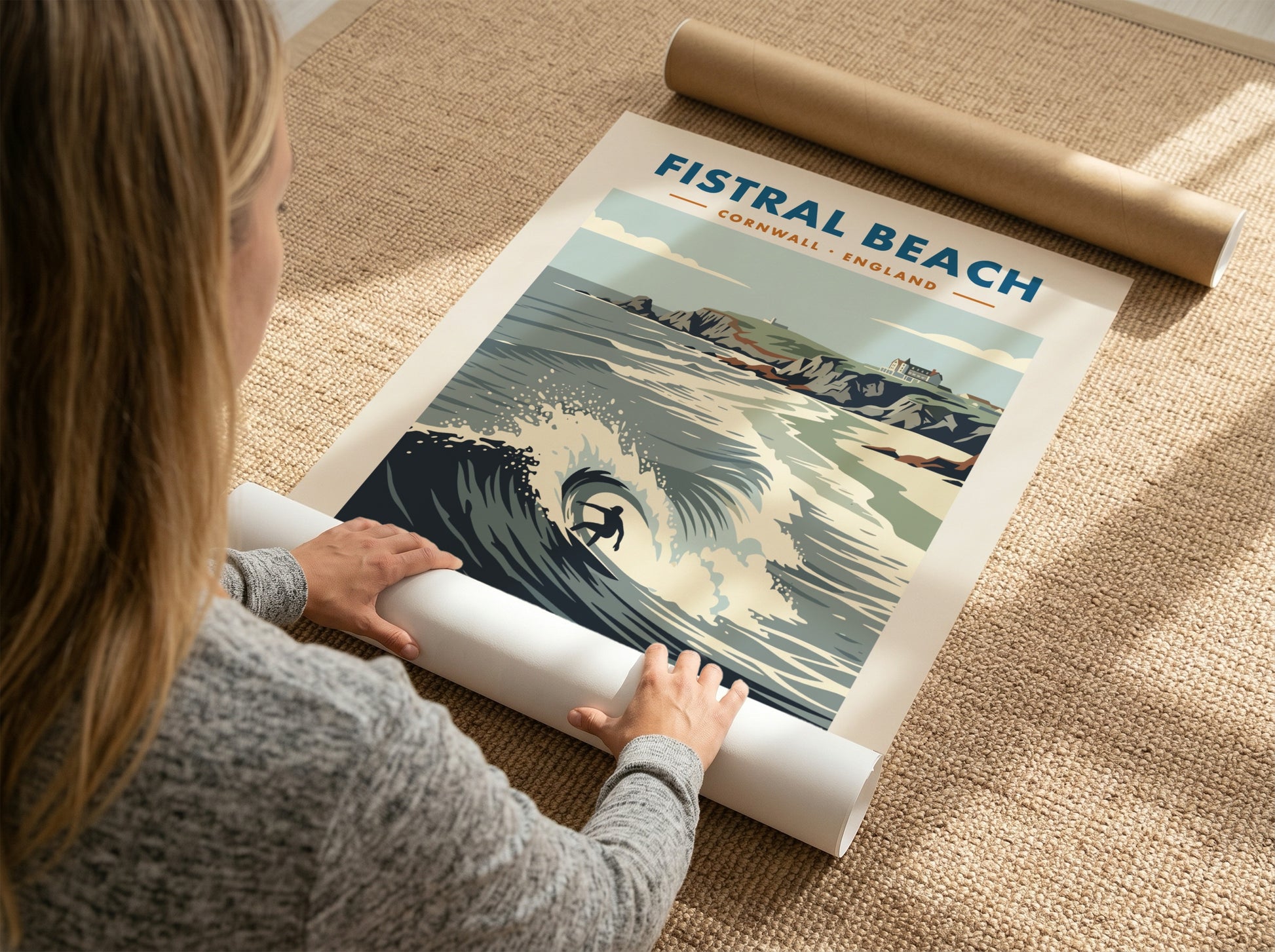 Fistral Beach surf poster with a lone surfer on a wave and cliffs