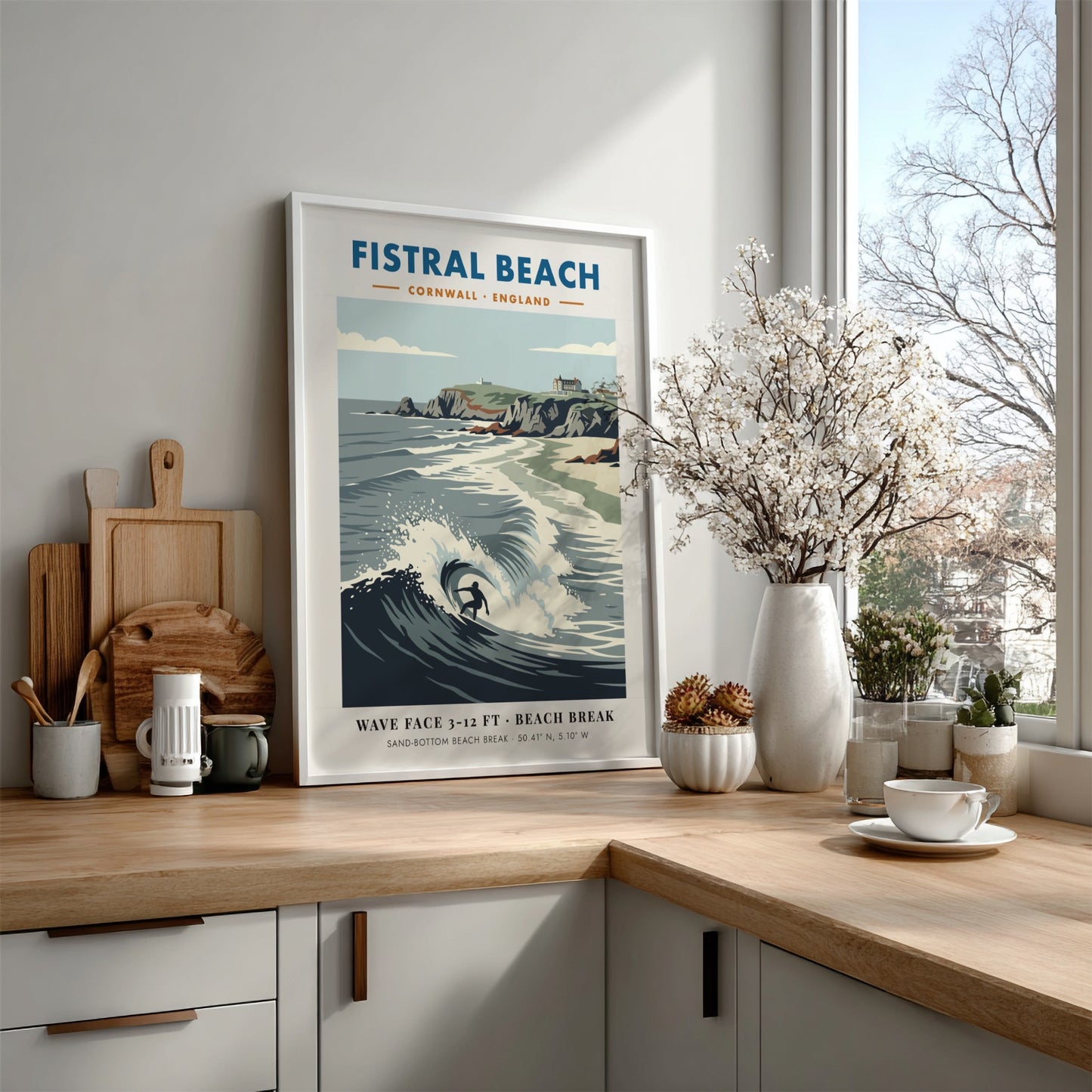 Fistral Beach surf poster with a lone surfer on a wave and cliffs