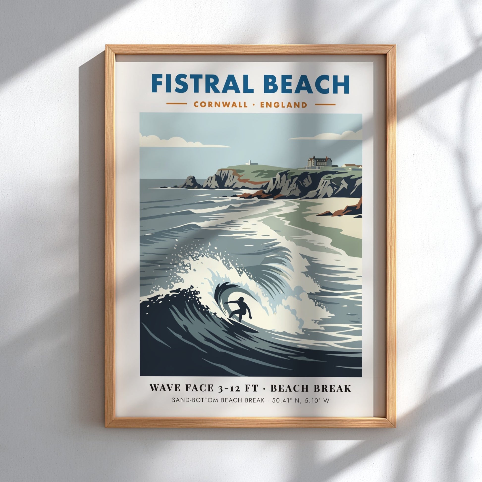 Fistral Beach surf poster with a lone surfer on a wave and cliffs