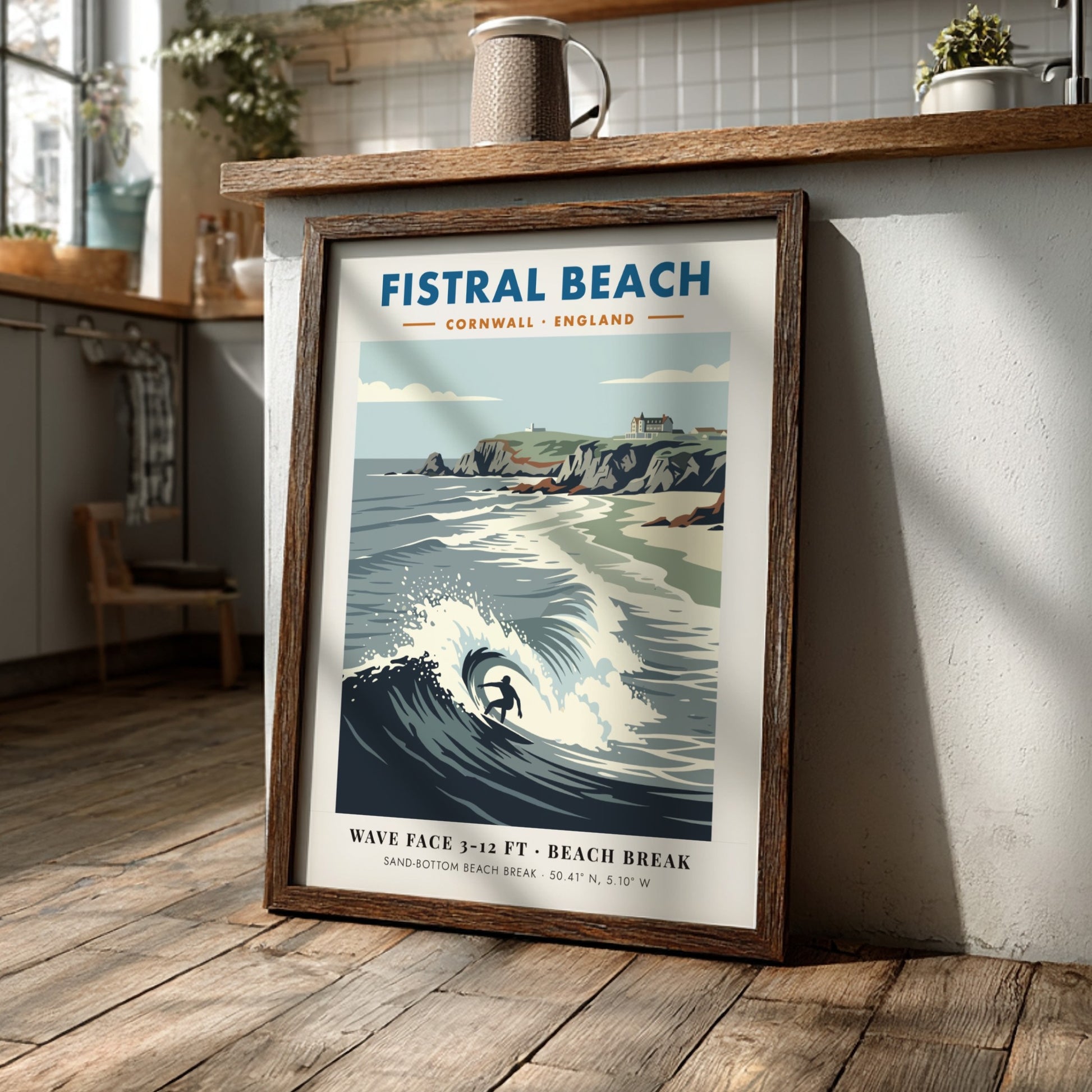 Fistral Beach surf poster with a lone surfer on a wave and cliffs
