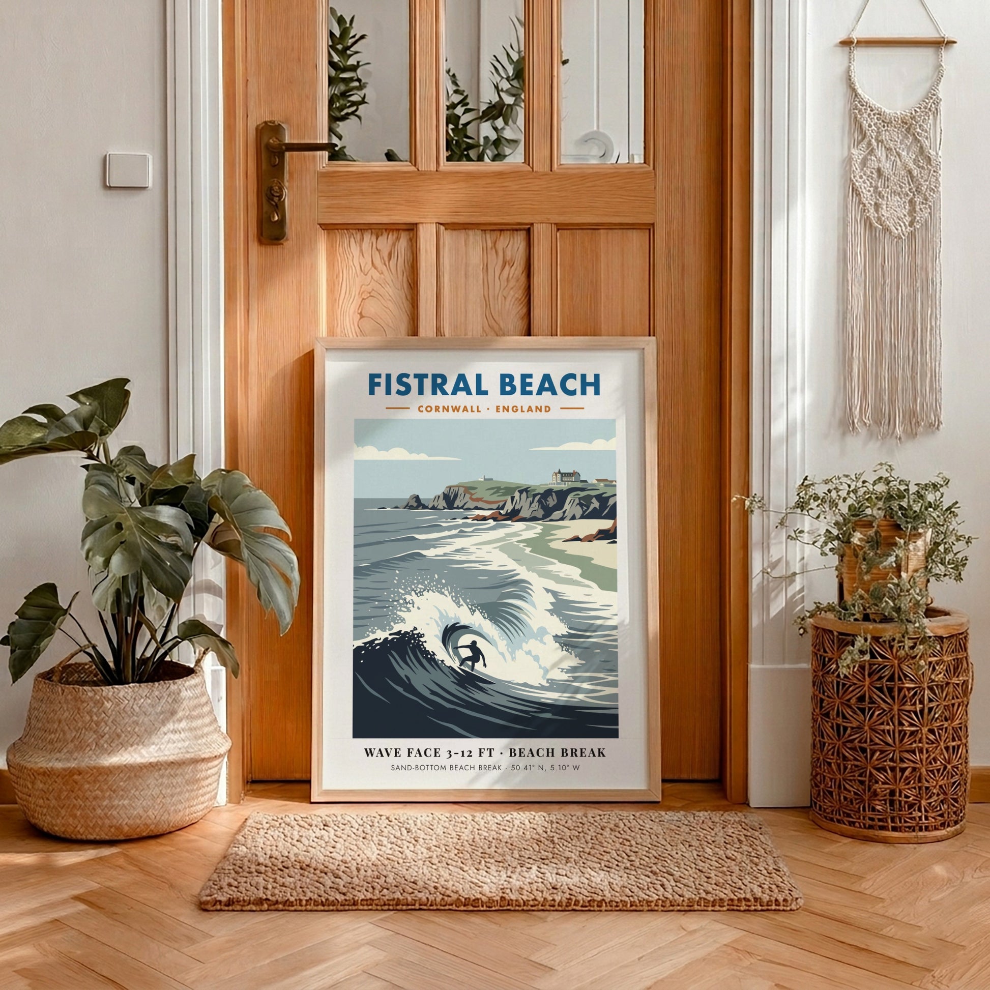 Fistral Beach surf poster with a lone surfer on a wave and cliffs