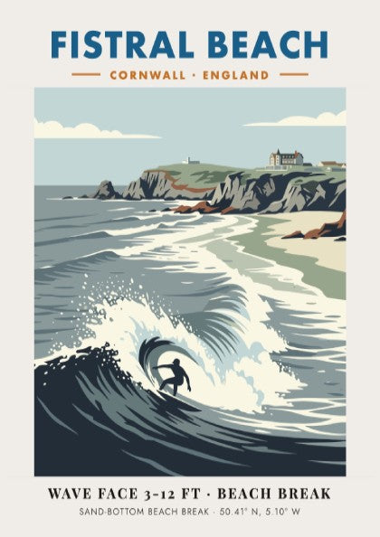 Fistral Beach surf poster with a lone surfer on a wave and cliffs