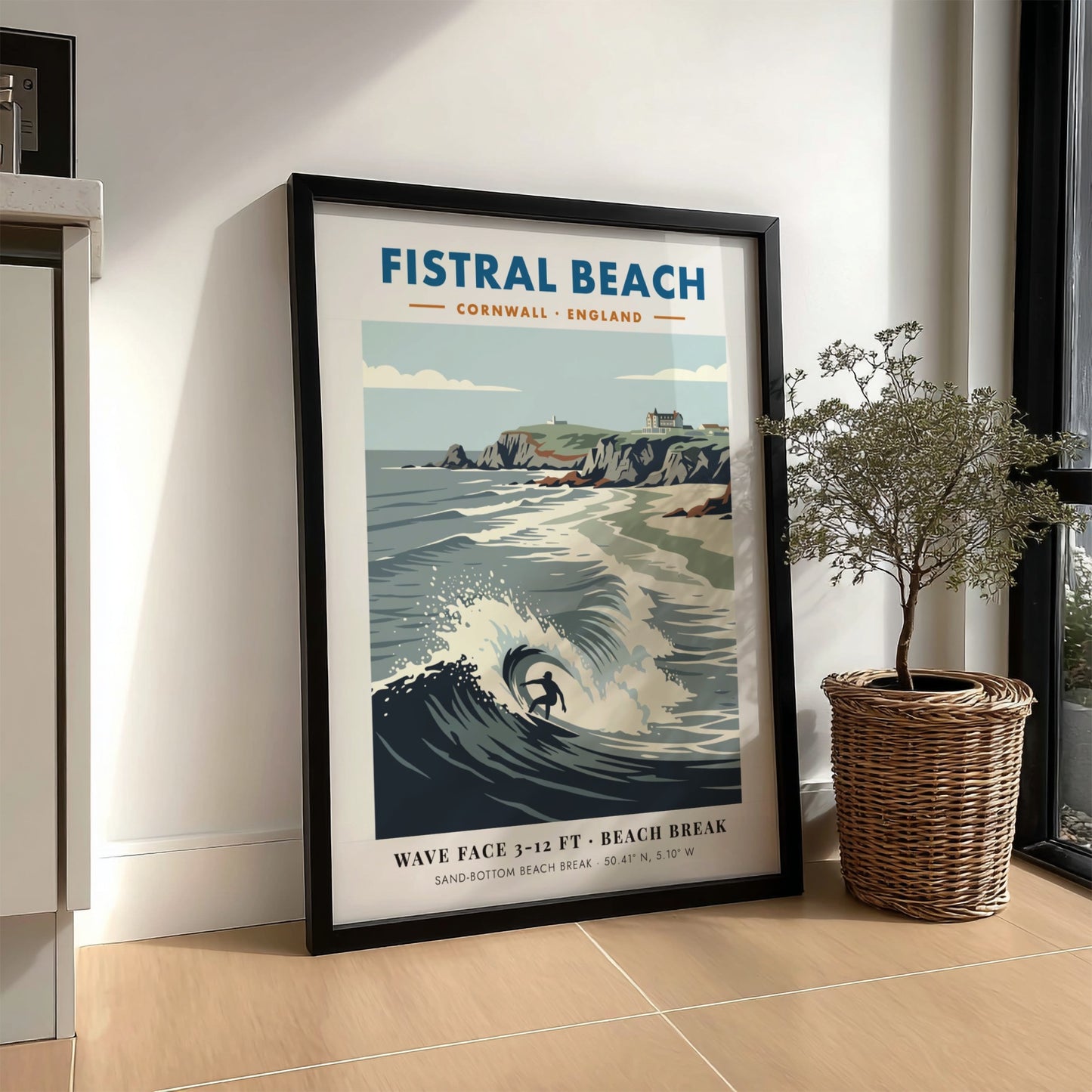 Fistral Beach surf poster with a lone surfer on a wave and cliffs