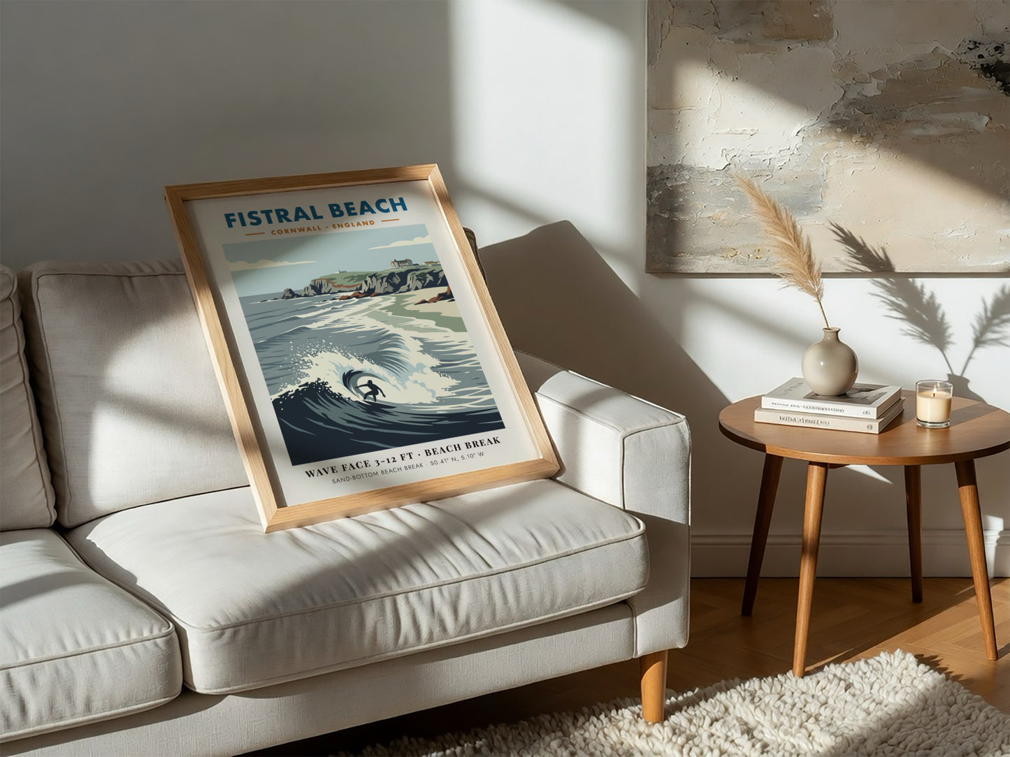 Fistral Beach surf poster with a lone surfer on a wave and cliffs