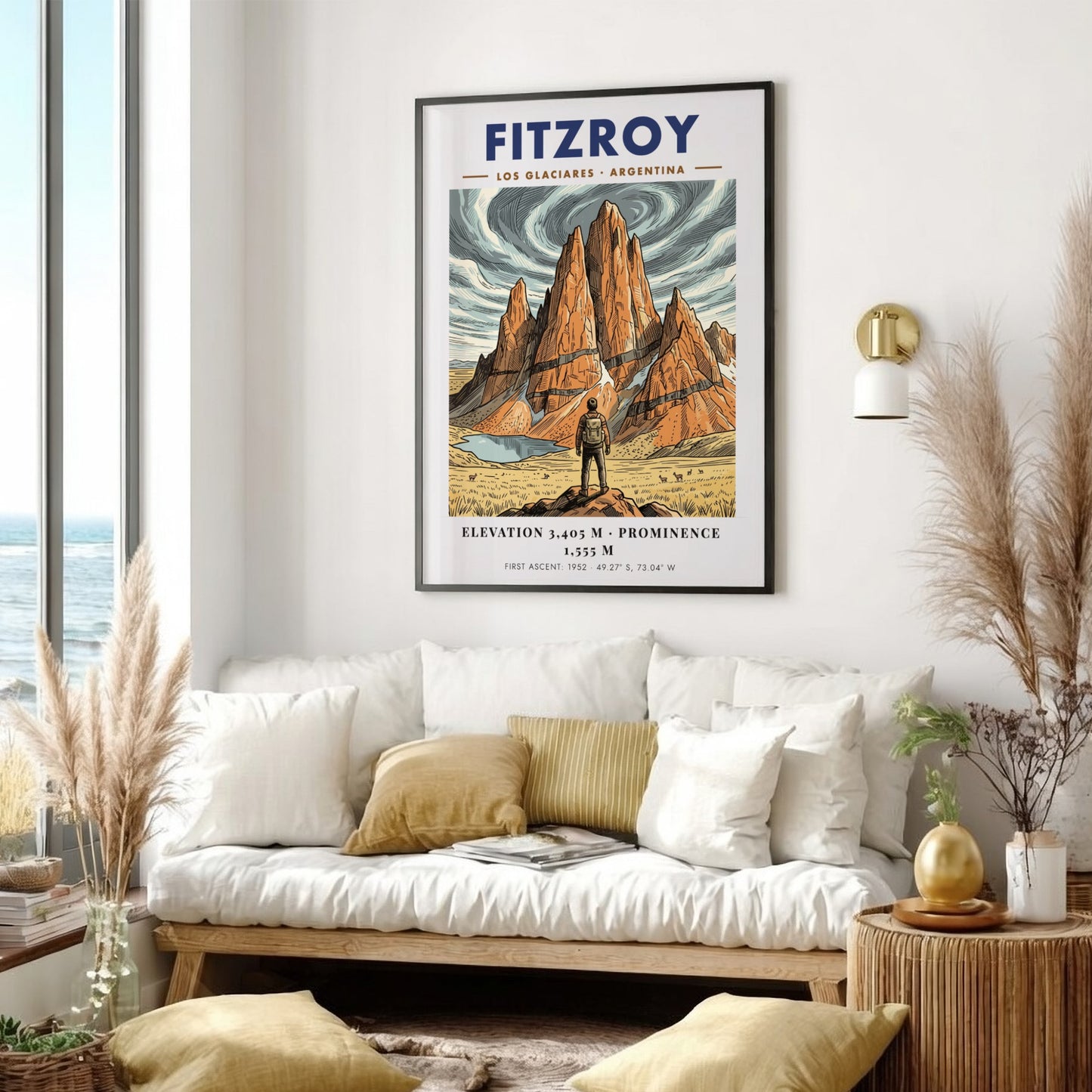 Poster of Fitzroy mountain in Argentina featuring a hiker looking at granite peaks