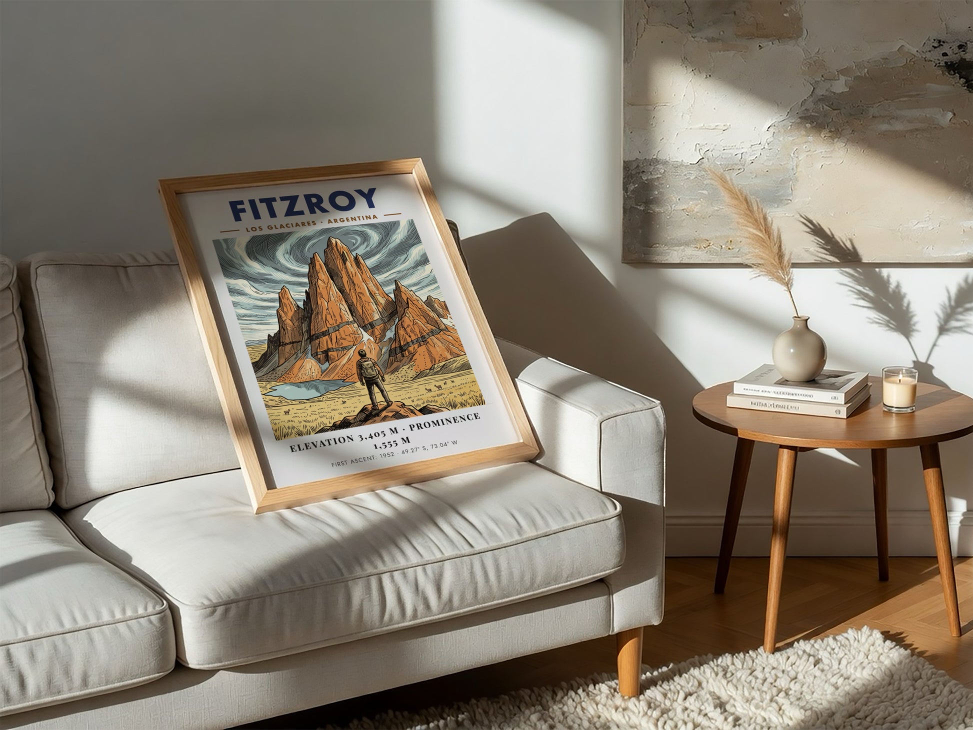 Poster of Fitzroy mountain in Argentina featuring a hiker looking at granite peaks