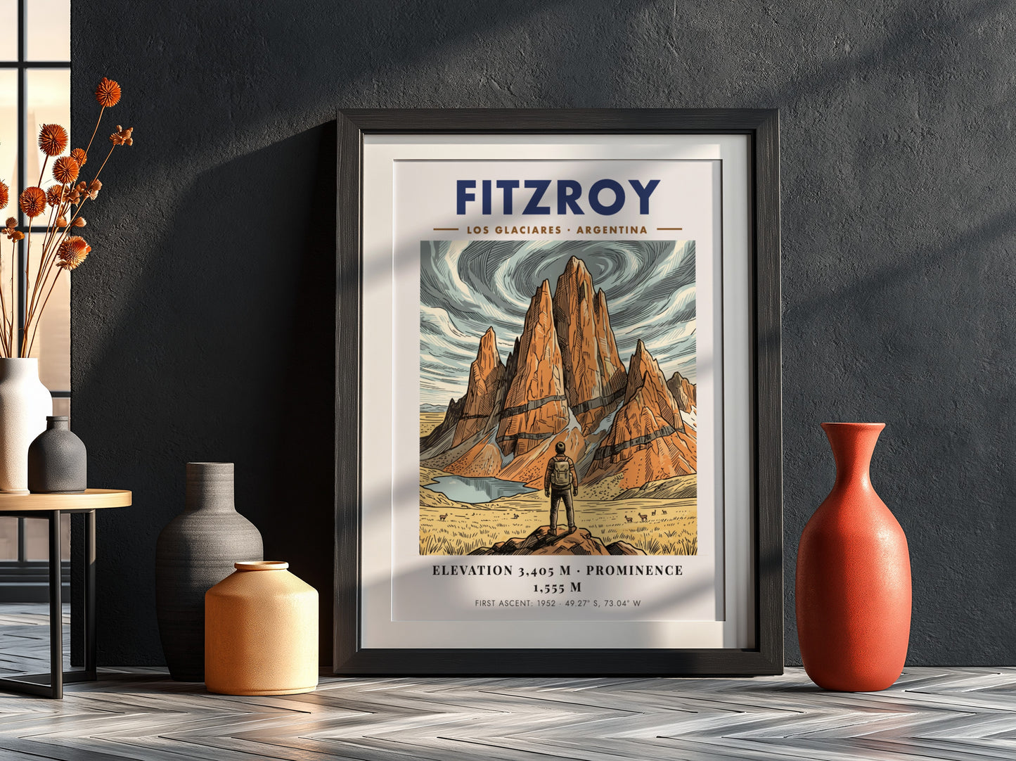 Poster of Fitzroy mountain in Argentina featuring a hiker looking at granite peaks