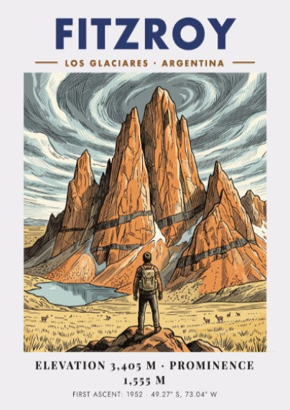 Poster of Fitzroy mountain in Argentina featuring a hiker looking at granite peaks