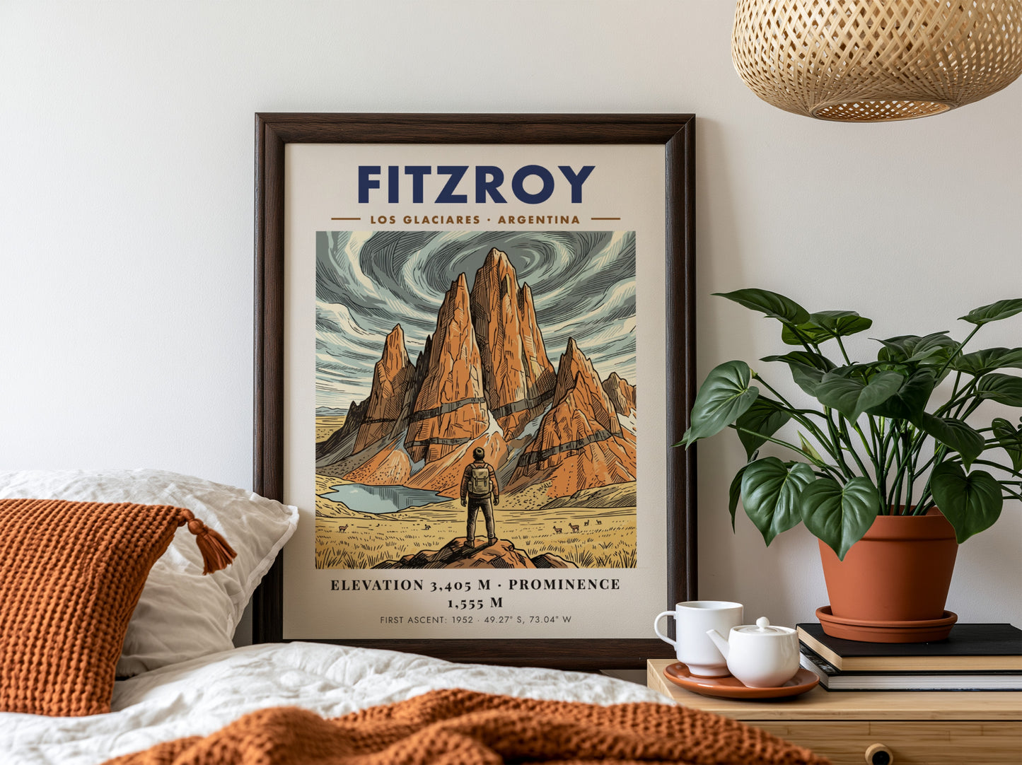 Poster of Fitzroy mountain in Argentina featuring a hiker looking at granite peaks