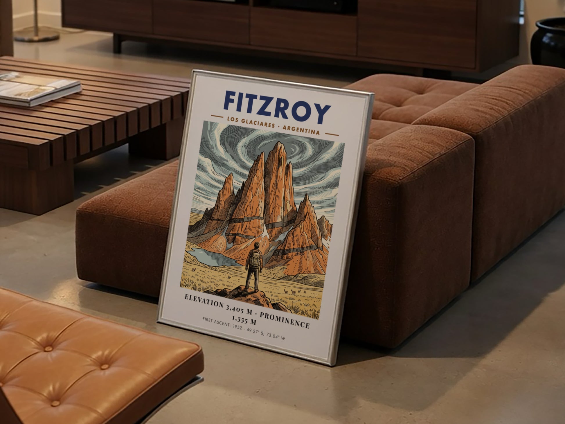 Poster of Fitzroy mountain in Argentina featuring a hiker looking at granite peaks