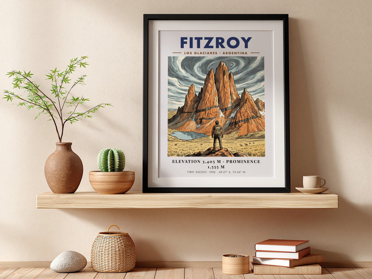 Poster of Fitzroy mountain in Argentina featuring a hiker looking at granite peaks