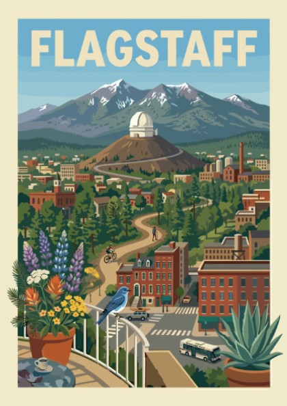 Flagstaff cityscape poster with observatory, mountains, trees, and buildings in a vintage travel art style.