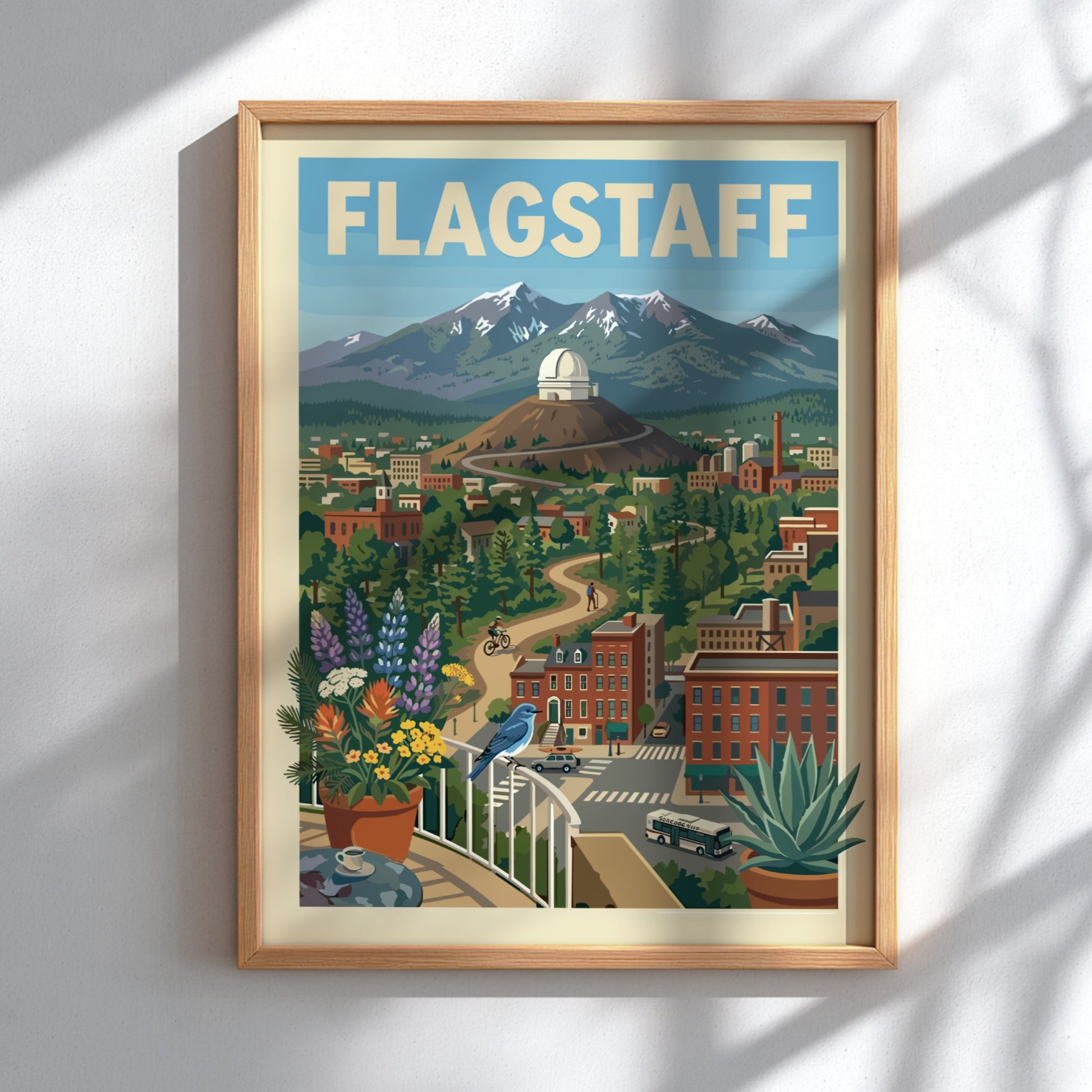 Flagstaff cityscape poster with observatory, mountains, trees, and buildings in a vintage travel art style.