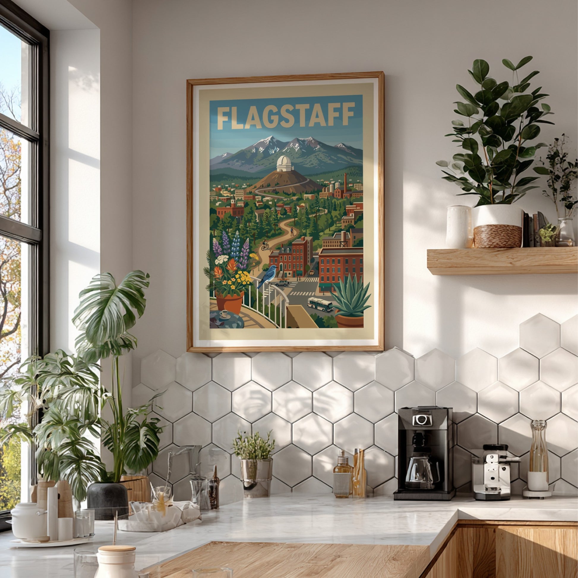 Flagstaff cityscape poster with observatory, mountains, trees, and buildings in a vintage travel art style.