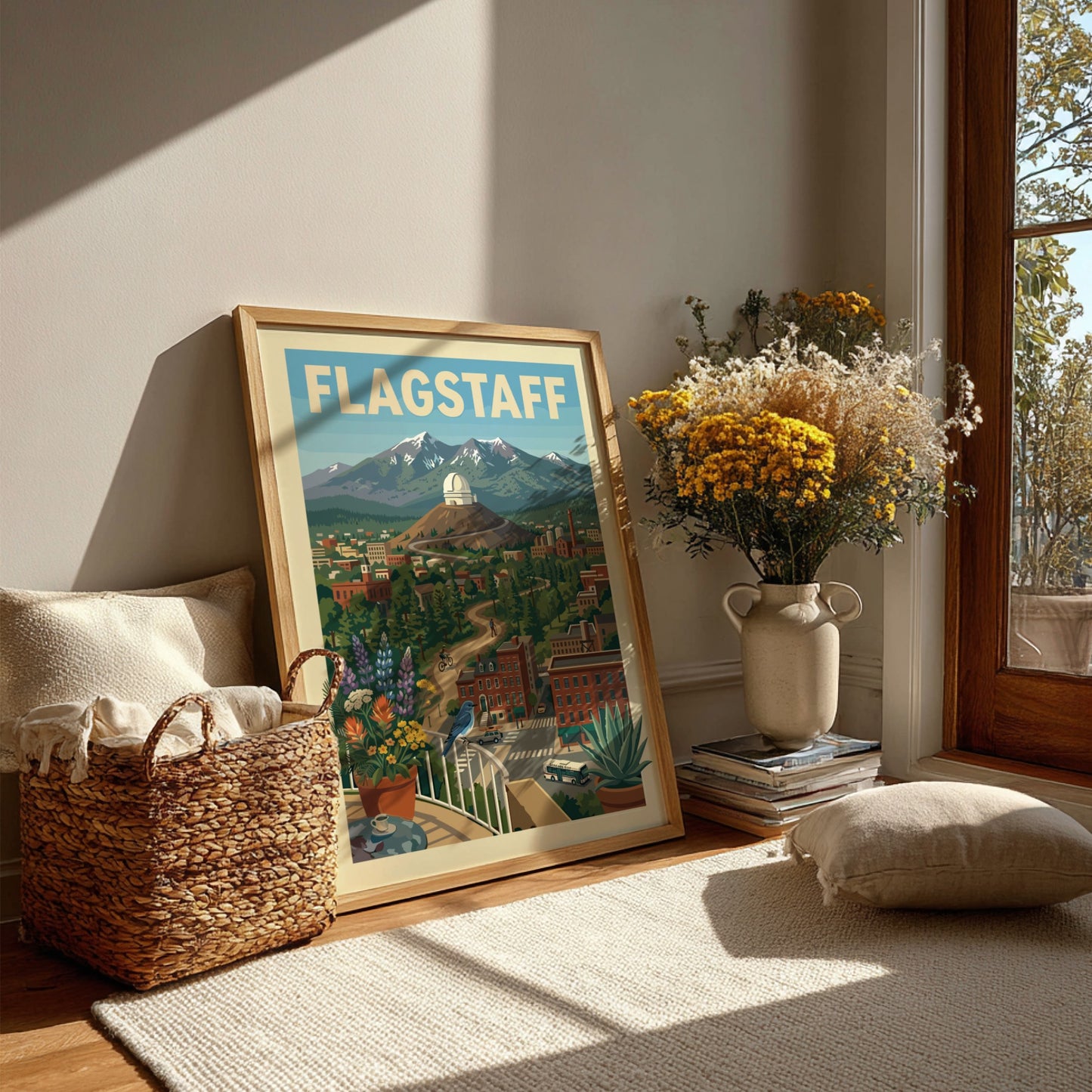 Flagstaff cityscape poster with observatory, mountains, trees, and buildings in a vintage travel art style.